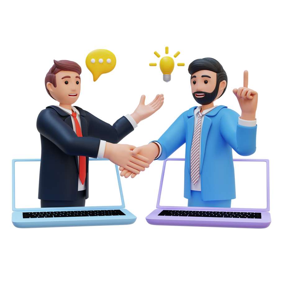 business people having online conversation via laptop 3d character illustration